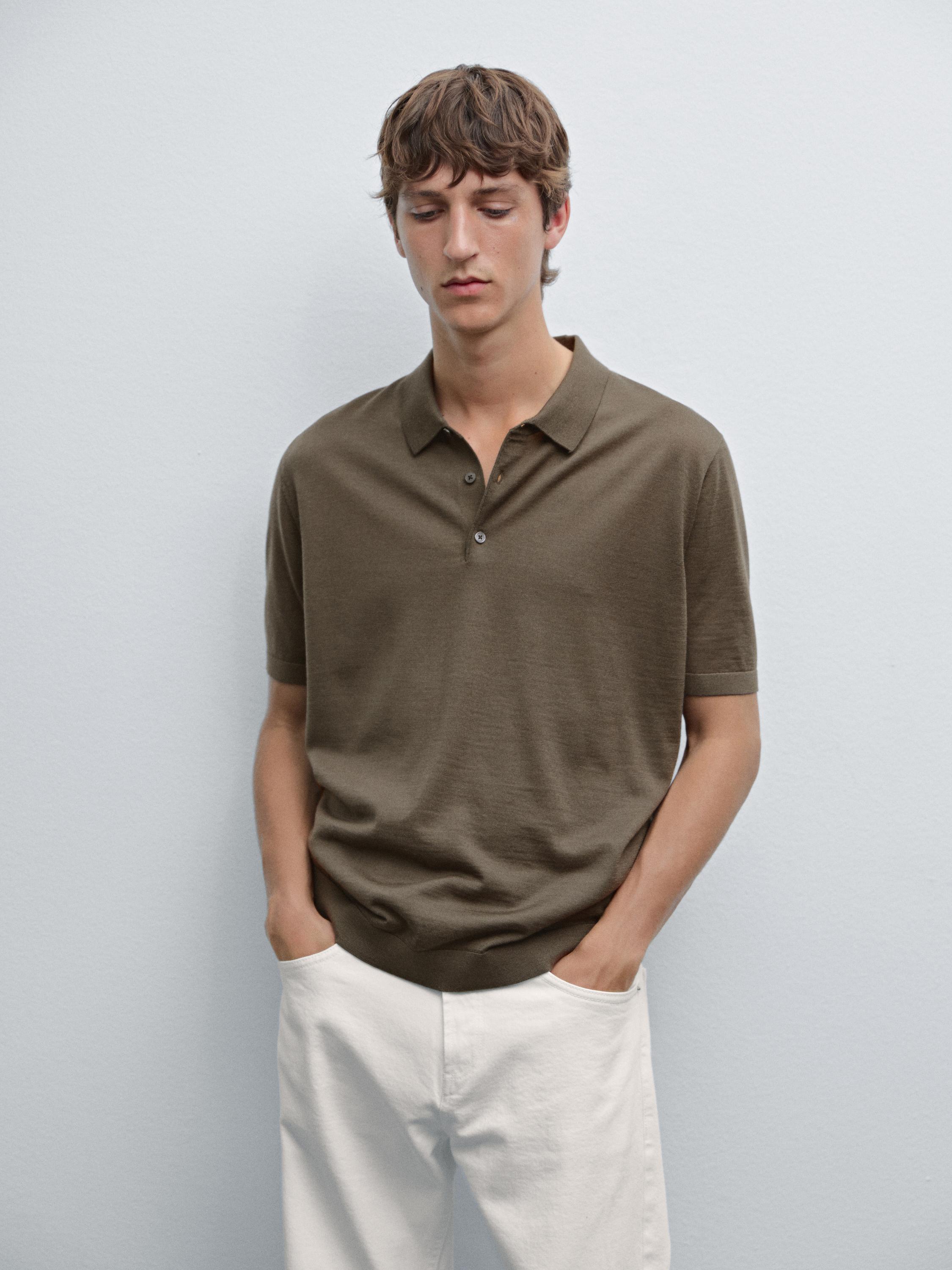 Short sleeve wool blend knit polo shirt